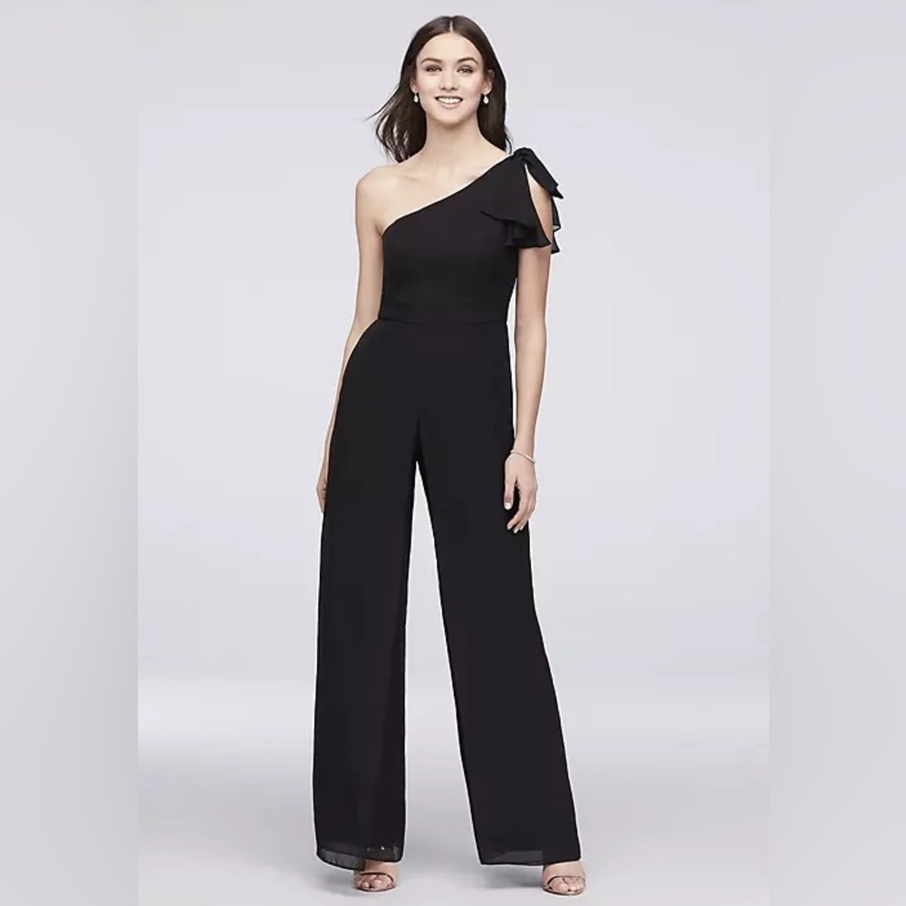 REVERIE One Shoulder Chiffon Bridesmaid Black Overlay Formal Jumpsuit Size 6